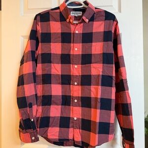 Express Men's Red and Navy Plaid Shirt